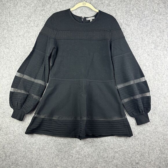 Lela Rose Dress Womens L Black Luxe Knit Sheer Balloon Sleeve Mini Flare Zip - Picture 1 of 15